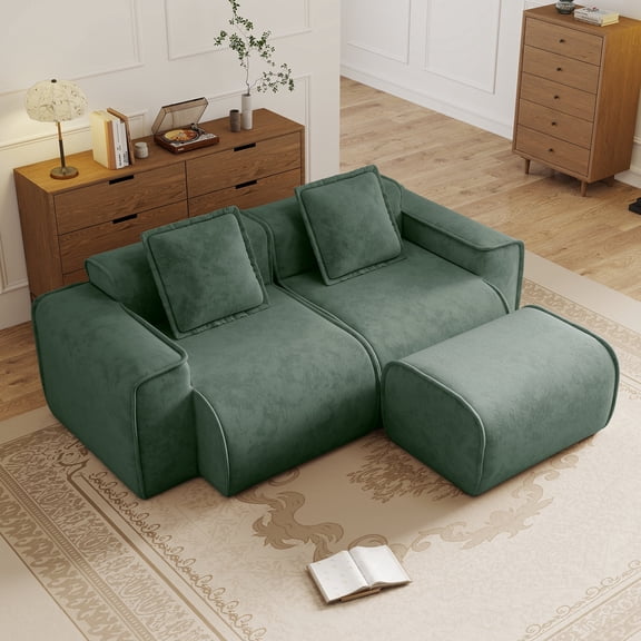 FFZ 2 Seat L-Shaped Modular Sectional Sofa with French Edge Piping, Velvet Fabric and Movable Ottoman, Green