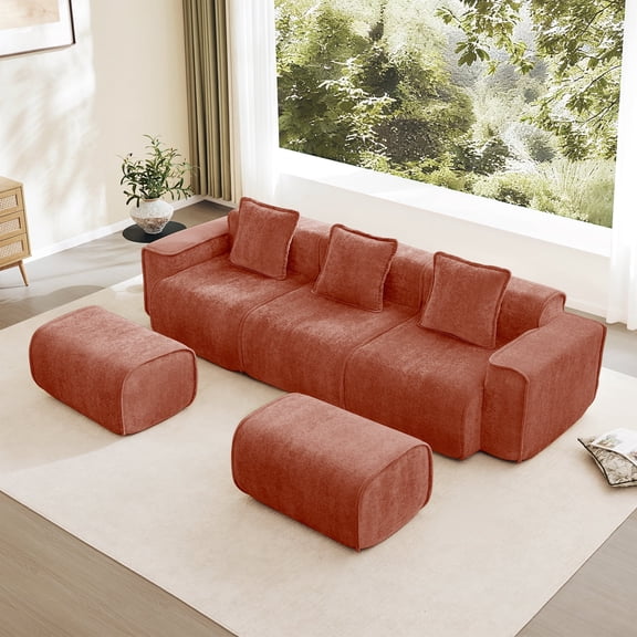 FFZ 3 Seat U Shape Sectional Sofa with French Edge Piping, Velvet Fabric, No Assembly Required, Red