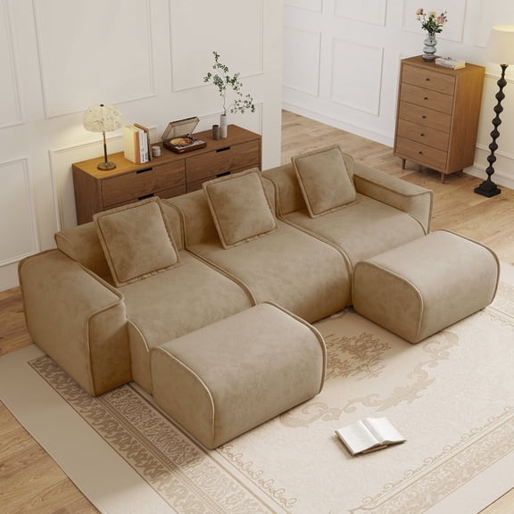 FFZ 3 Seat U-Shape Modular Sectional Sofa with French Edge Piping, Velvet Fabric, 2 Movable Ottomans, Brown