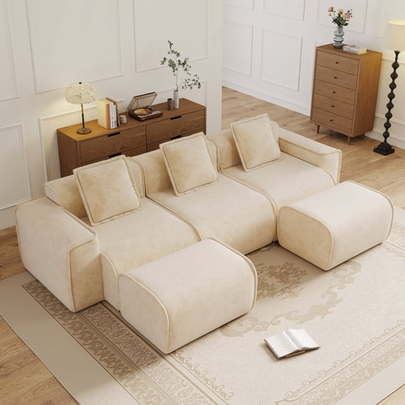 FFZ 3 Seat U Shape Sectional Sofa with French Edge Piping, Velvet Fabric and 2 Movable Ottomans, Light Camel