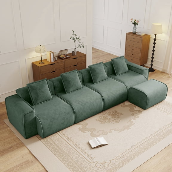 FFZ 4 Seat L-Shape Sectional Sofa with French Edge Piping, Velvet Fabric and Movable Ottoman, Green