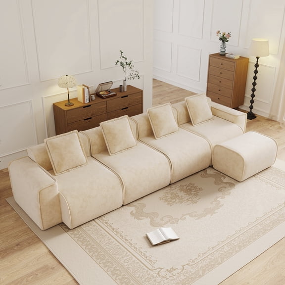 FFZ 4 Seat L-Shape Sectional Sofa with French Edge Piping, Velvet Fabric and Movable Ottoman, Light Camel