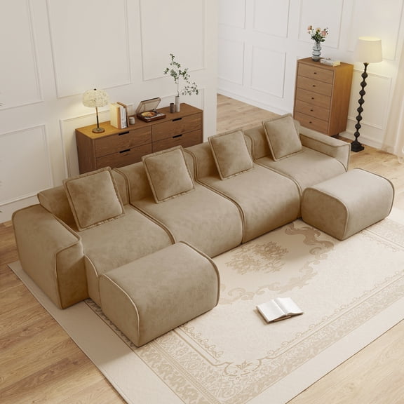 FFZ 4-Seat U-Shaped Modular Boneless Sofa with French Piping and Ottomans, Brown