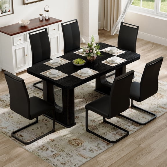 FFZ Dining Table and 6 PU Chairs Set with Arched Legs, 64.5 x 35.4 inch, Black+Grey