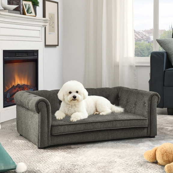 FFZ Stylish Rectangle Pet Bed Small Medium Dogs Durable Elevated Couch Contemporary Sofa Dark Grey