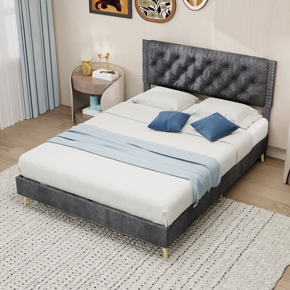 FFZ Full Size Upholstered Platform Bed with Tufted Headboard and Stable Structure, Grey