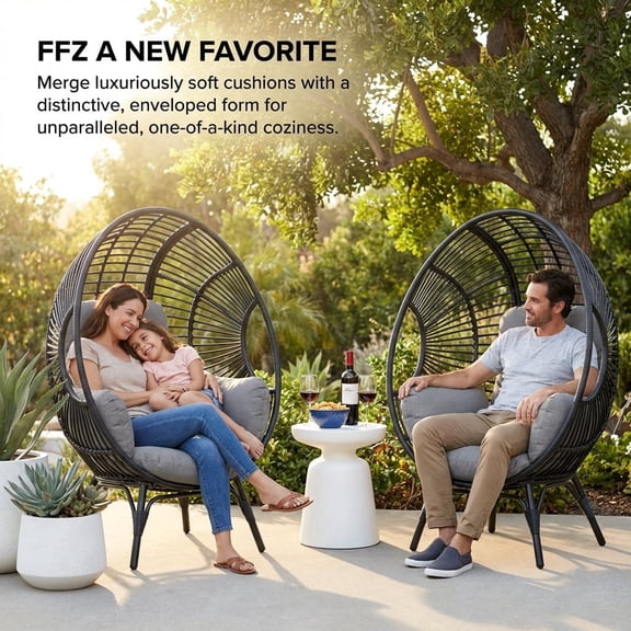 FFZ Swing Egg Chair Hammock Foldable Hanging Loveseat with Stand, UV Resistant Removable Cushions, 400LBS Capacity for Bedroom, Balcony (Black and Natural)