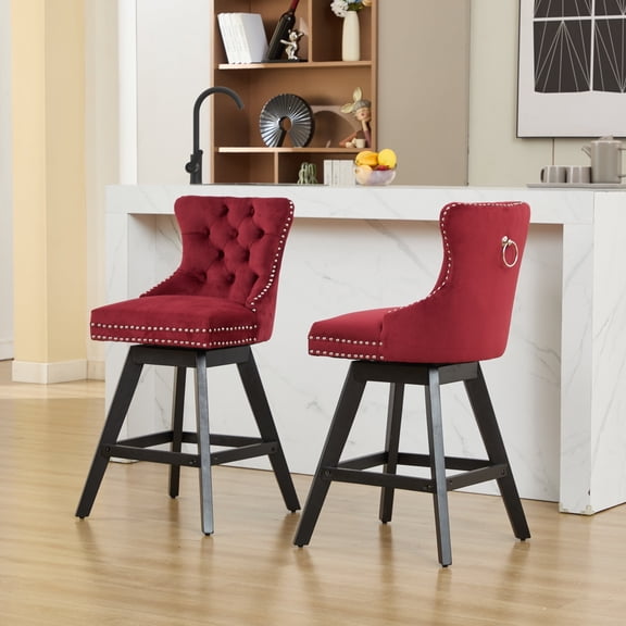 FFZ Swivel Velvet Barstools Set of 2 with Button Tufting and Wooden Legs, 21.5 x 17.5 x 38.4 inch, Wine Red
