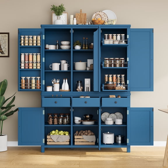 FFZ TOPMAX Farmhouse 74.8''H High Freestanding Kitchen Pantry, 53''Lx20''W Large Cupboard Storage Cabinet with Door Shelves,Adjustable Shelves, Pull-out Trays and Drawers, Blue
