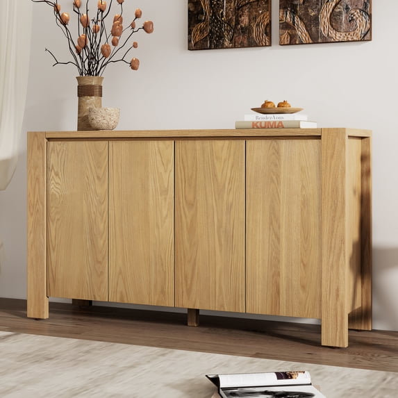 FFZ TREXM Buffet Cabinet with Storage, 4-Door Retro Wood Sideboard with Distressed Finish and Adjustable Shelves for Dining Room, Kitchen, and Living Room (Natural)