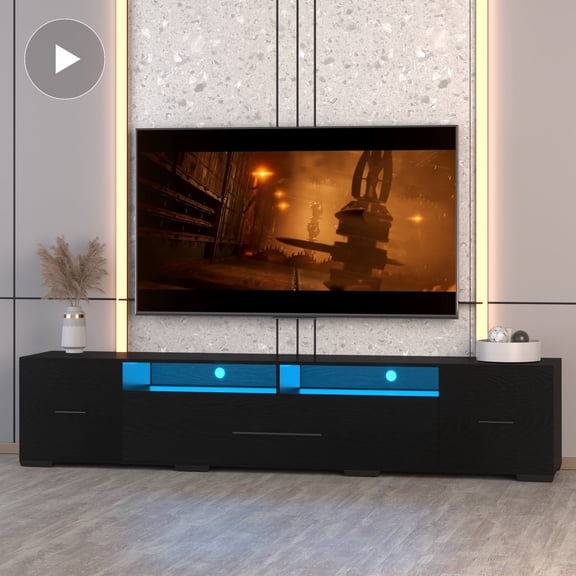FFZ 82.7 inch Modern TV Console with 90% Storage, RGB LED Lights and Power Outlets, Black