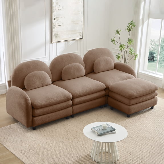 FFZ Teddy Fabric Cloud 3-Seat Curved Backrest Lumbar Pillows Modular Ottoman Camel For Living Room