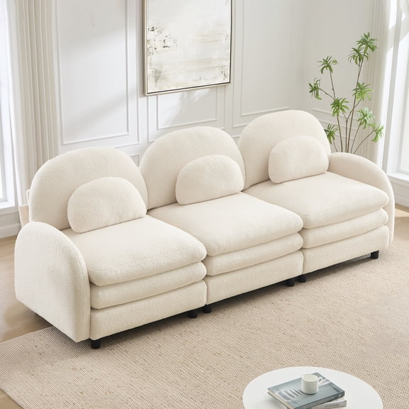 FFZ Teddy Fabric Cloud 3-Seat Sofa Curved Backrest Lumbar Pillows Modular Supportive Beige White For Living Room