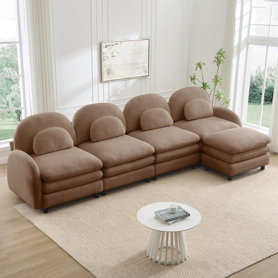 FFZ Teddy Fabric Cloud 4-Seat Sofa Curved Backrest Lumbar Pillows Ottoman Camel For Living Room Apartment