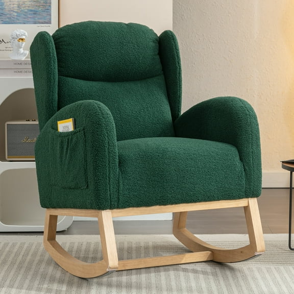 FFZ Teddy Fabric Rocking Chair With Packet Wood Legs Green