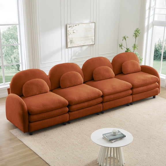 FFZ Teddy Fabric Soft Cloud 4-Seat Sofa Curved Backrest Lumbar Modular Orange For Living Room Apartment
