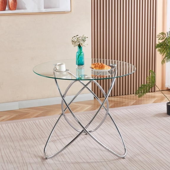 FFZ Modern Dining Table with Tempered Glass Top and Chrome Metal Legs, Space Saving, Chrome