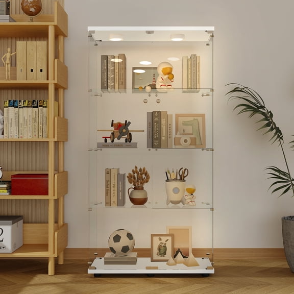 FFZ Tempered Glass Display Cabinet with Door Locks and LED Lights, 30.91 x 13.58 x 64.69 inch, White