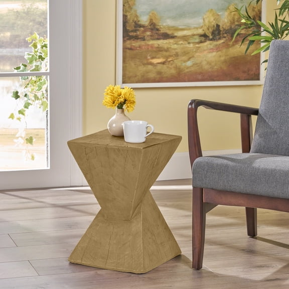 FFZ Modern Hourglass Side Table with Sculptural Design and Hand-Painted Details, Light Natural