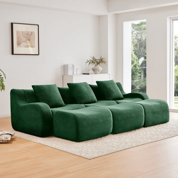 FFZ Three-Seat Boneless Sofa with Curved Armrests and Teddy Fabric, Green