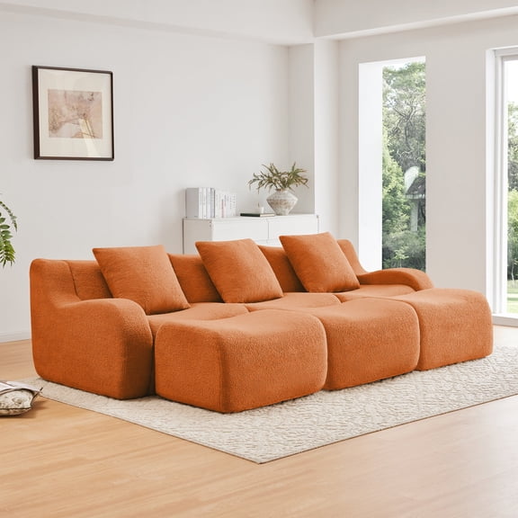 FFZ Three-Seat Boneless Sofa with Curved Armrests and Teddy Fabric, Orange