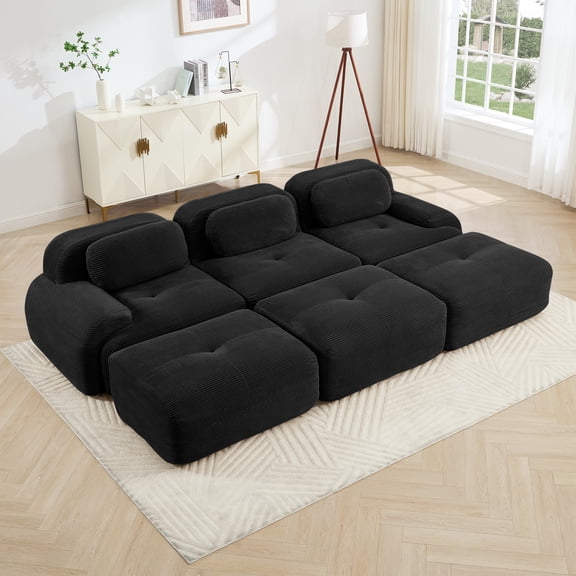 FFZ Three-Seat Modular Sofa 3 Ottomans Corduroy Pet-Friendly 32D Sponge Black For Living Room Media Room