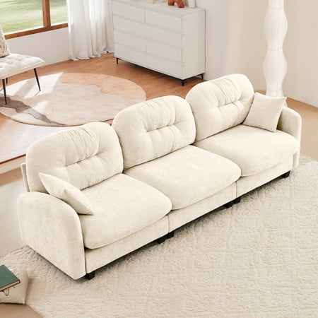 FFZ Three-Seater Modular Sectional Couch with Quilted Pleated Design and Chenille Fabric, Beige