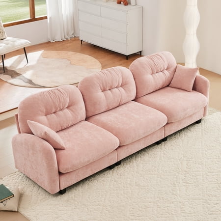 FFZ Three-Seater Modular Sectional Couch with Quilted Pleated Design, Pink