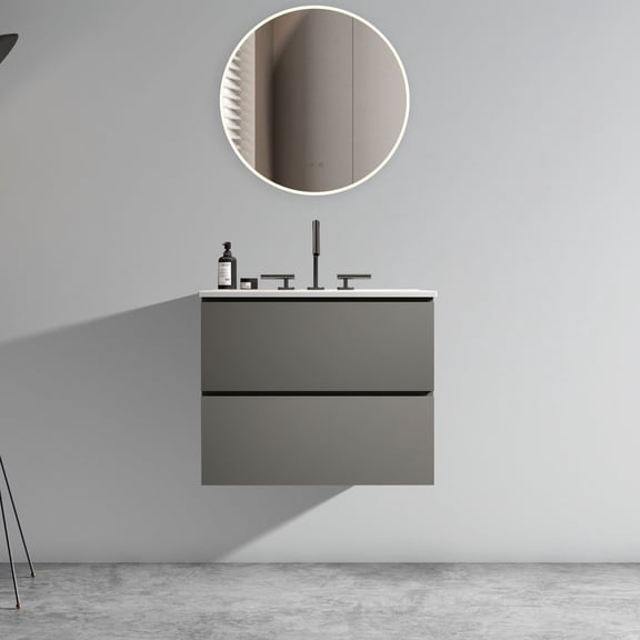 FFZ 24" Wall Mount Space Grey Bathroom Vanity with Ceramic Sink, 3 Faucet Holes, Large Storage, White+gray
