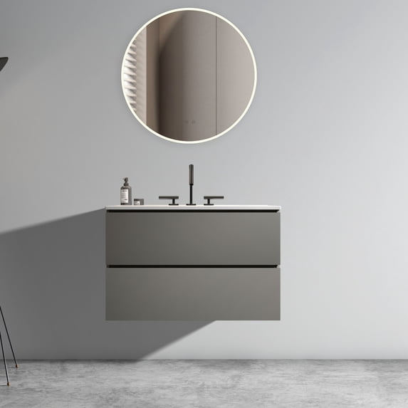 FFZ Tia 30" Wall Mount Space Grey Bathroom Vanity With Ceramic Sink With Three Faucet Holes, Large Storage Floating Bathroom Vanity For Modern Bathroom,Pre-Assembled