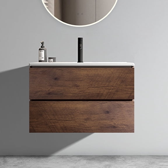 FFZ 30" Wall Mounted Walnut Bathroom Vanity with Ceramic Sink, Large Storage, Soft-Close Drawers, Walnut