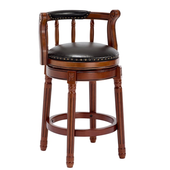 FFZ Cowhide Leather Swivel Bar Stool with Backrest and Solid Wood Frame, 21.7 x 21.7 x 36.6 inch, Black