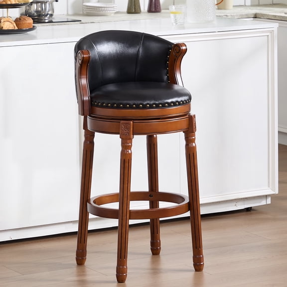 FFZ Cowhide Leather Swivel Bar Stool with Backrest and Solid Wood Frame, 21.7 x 21.7 x 38.5 inch, Black