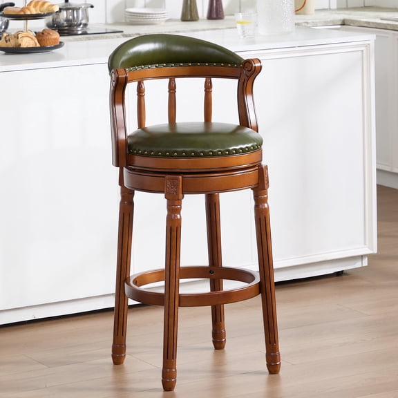 FFZ Cow Top Leather Swivel Bar Stool with Backrest and Solid Wood Frame, 21.7 x 21.7 x 36.6 inch, Green