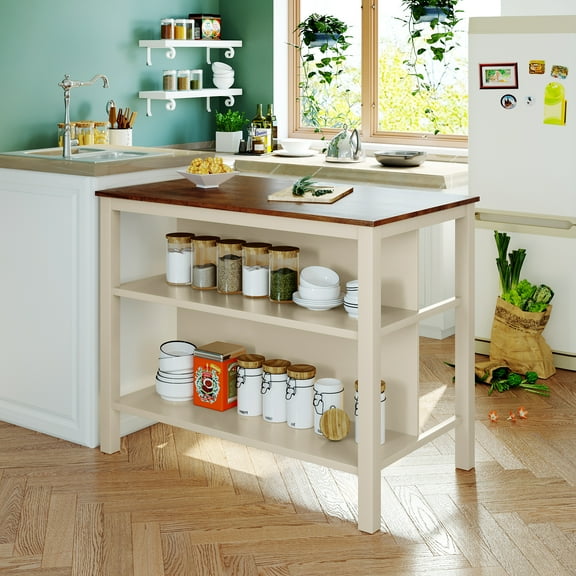 FFZ Topmax Solid Wood Rustic 45" Stationary Kitchen Island, Walnut+Cream White