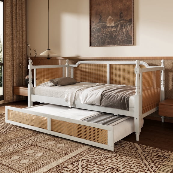 FFZ Traditional Rattan Twin Daybed with Trundle, No Box Spring Needed, 79.7 x 41.7 x 37 inch, Antique White