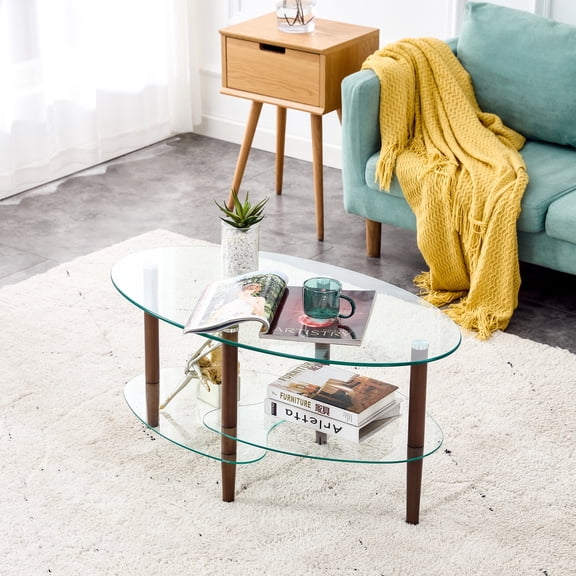 FFZ Transparent Oval Glass Coffee Table with Oak Wood Legs, 3-Layer Design, 35.44 x 19.7 x 17.52 inch, Brown