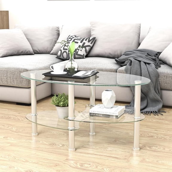FFZ Transparent Oval Glass Coffee Table with Stainless Steel Legs, 3-Layer Design, Transparent