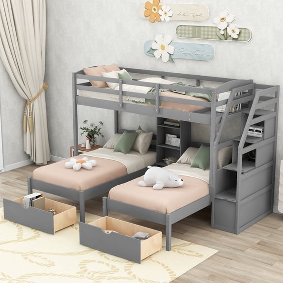 FFZ Triple Bunk Bed with Staircase, Drawers and Shelves, Pine Wood Construction, Gray