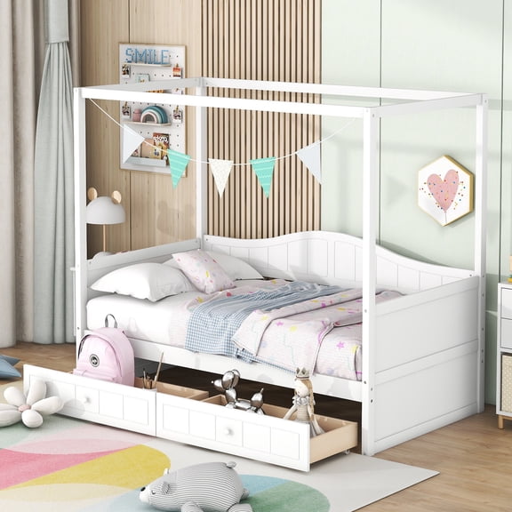 FFZ Twin Canopy Daybed with Built-in Drawers and Decorative Headboard, 77.6 x 41.3 x 66.1 inch, White