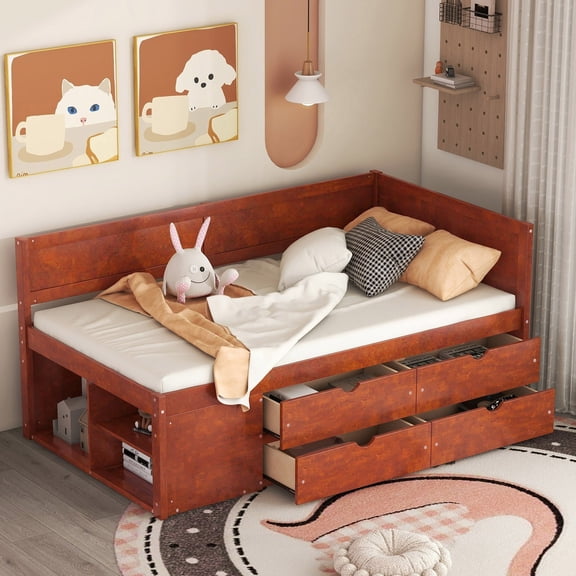 FFZ Twin Daybed with Drawers, Shelves and Solid Wood Frame, 77.8 x 42.4 x 34.3 inch, Walnut