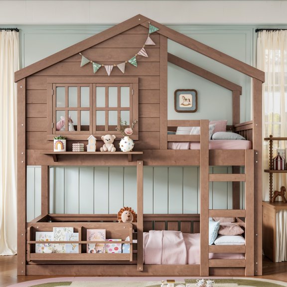 FFZ Twin House Loft Bed with Bookshelf, Safety Fencing and Play Area, 78.58 x 41 x 84.17 inch, Natural