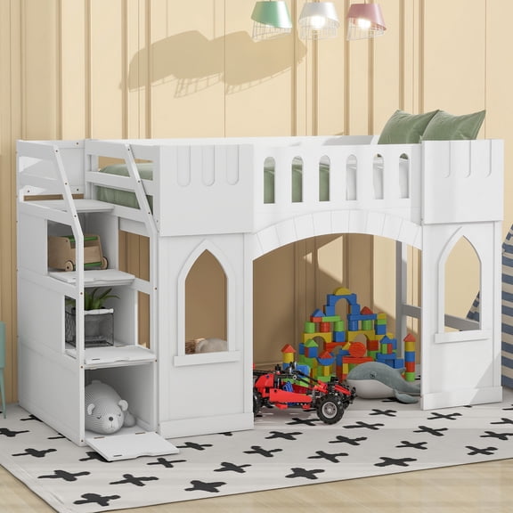 FFZ Twin Loft Bed with Storage Staircase and Window, Solid Wood+MDF, White