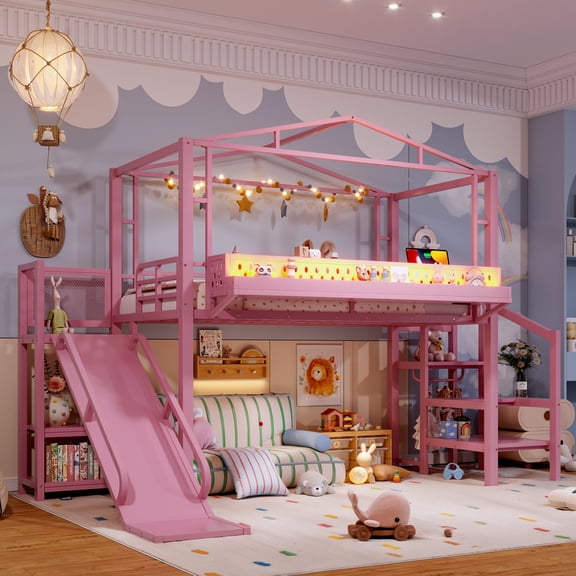 FFZ Twin Loft Bed with Storage Stairs, Wardrobe, USB Ports and LED Lights, Pink