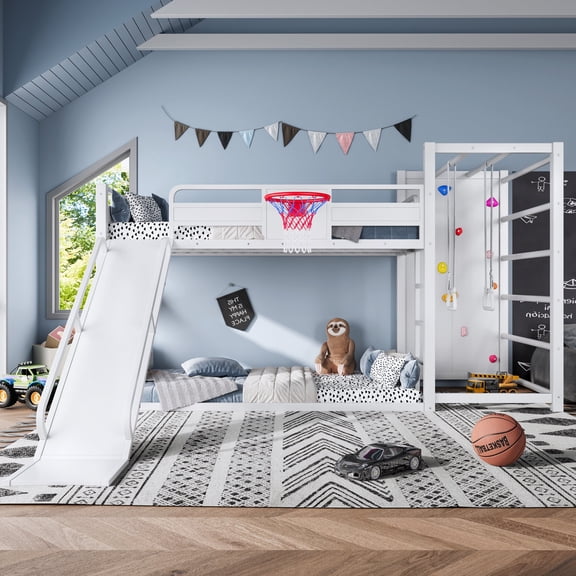 FFZ Twin Metal Loft Bed with Slide, Basketball Hoop, Pull-Up Rings, Climbing Wall & Bookshelves, White