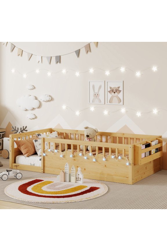 Twin Montessori Floor Bed Frame with High Rails, Storage Shelf and LED Light, Natural