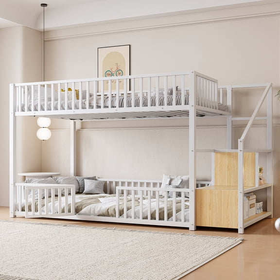 FFZ Twin Size Bunk Bed with Storage Ladder and Safety Rails, White