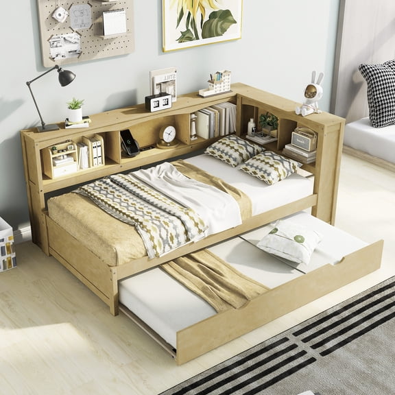 FFZ Twin Size Daybed Trundle Storage Cabinets Usb Ports Wood Color