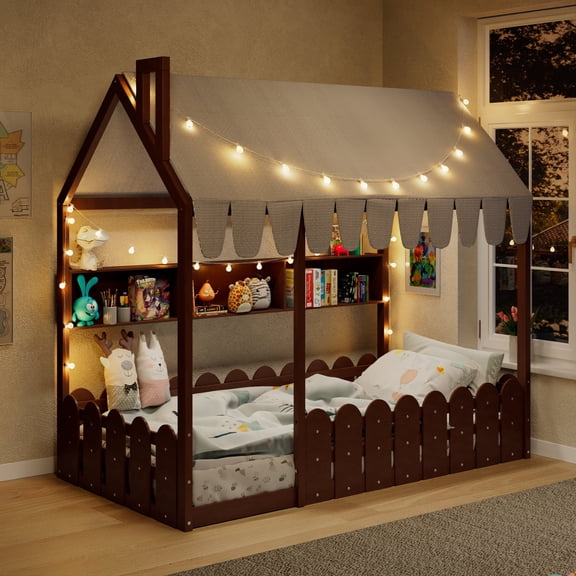 FFZ Twin Montessori House Bed with Fence Railings, Tent, Lights & 3 Shelves, Espresso