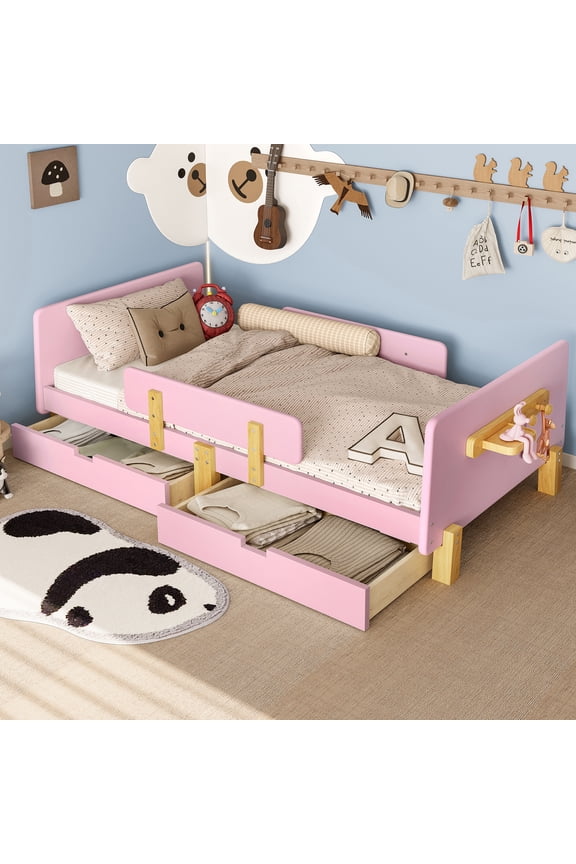 Twin Size Platform Bed Storage Drawers Premium Wood Frame Guardrail Shelf Hooks Pink